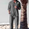 Set Due Pezzi Uomo Casual Cotone Lino Moda Larga Scollo a V Manica Corta Top e Pantaloni Completi Abbigliamento Stile Spiaggia Uomo Estate