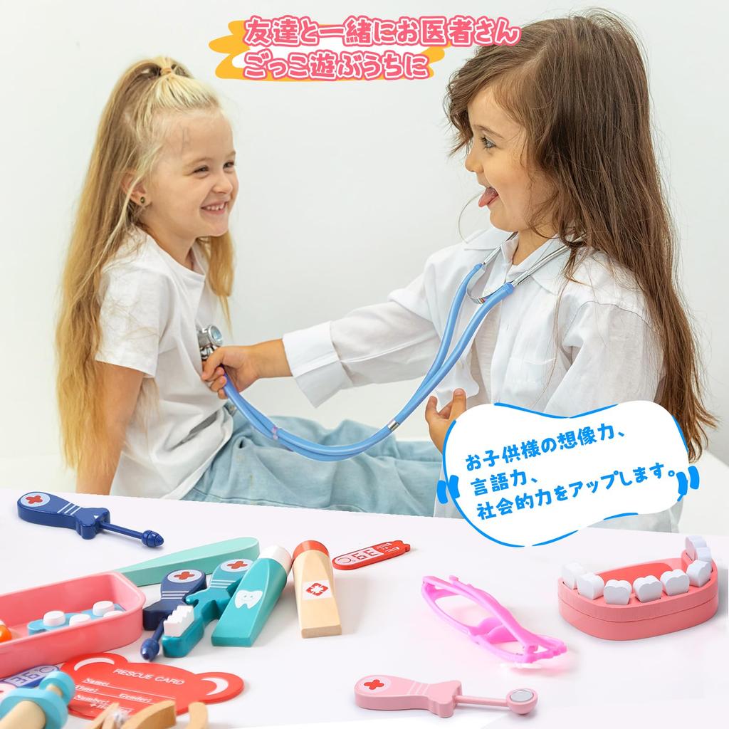 Cute Stone Wooden Doctor Play Set with Nurse Storage and Educational Toy for Birthday Preschool Gift Set, 44-Piece Uniform, Hat, Case, Tools, Kids,