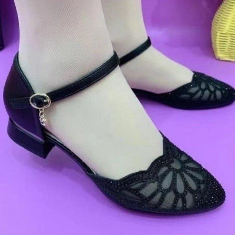 Hollow soft sole medium heel sandals women's medium heel thick heel outer wear shallow mouth pointed hollow rhinestone one-word buckle belt mother