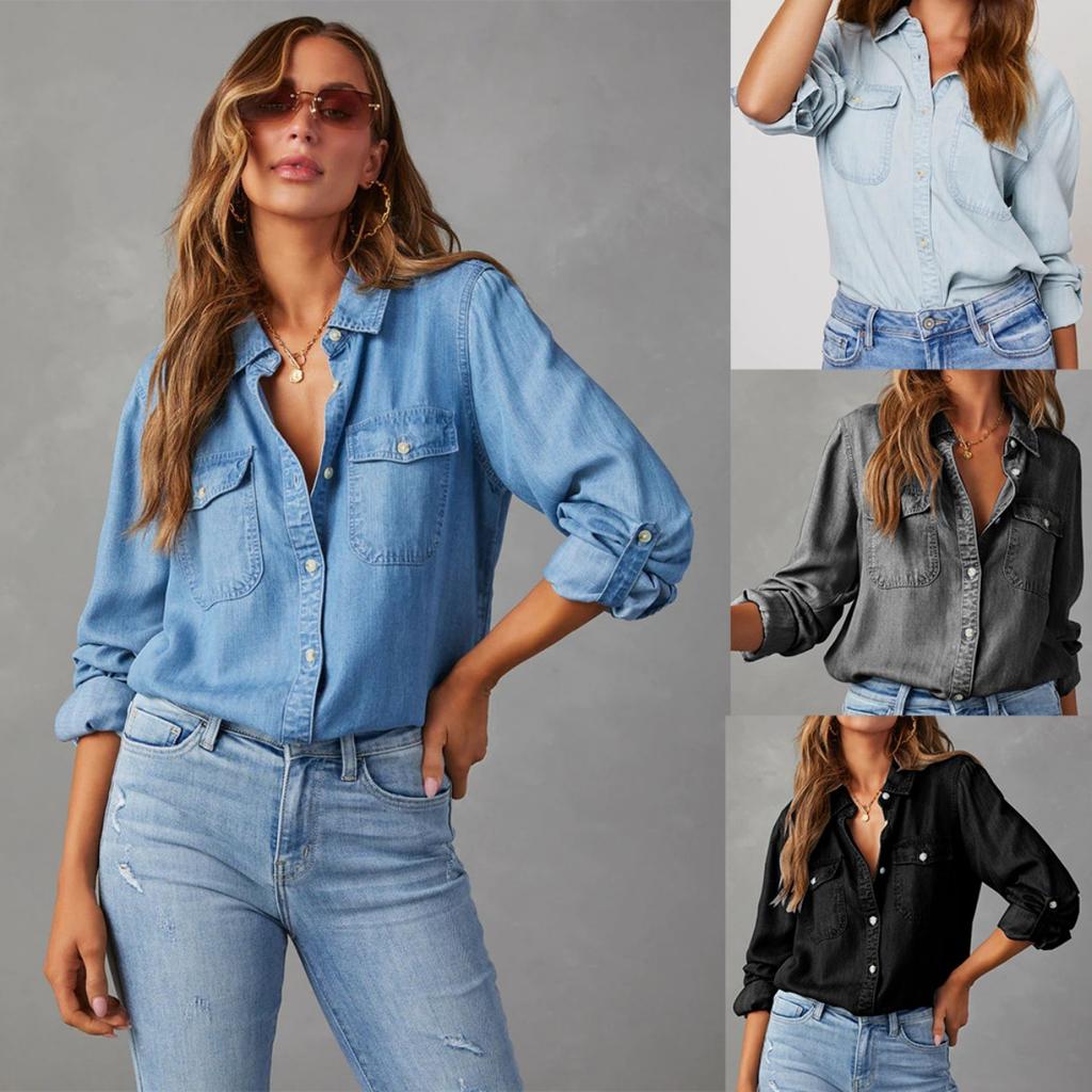 Women's Long Sleeve Denim Shirt 2025 Autumn Casual Lapel Single Breasted for JOOM Europe America