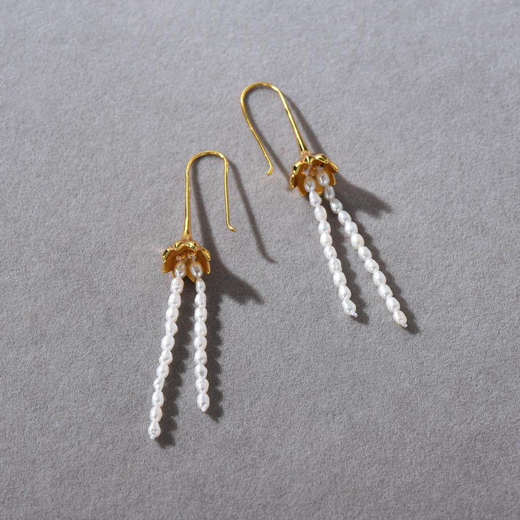 Personality Trend Brass Plated 18K Real Gold Lotus Natural Pearl Tassel Hook Earrings Fashion Earrings Women