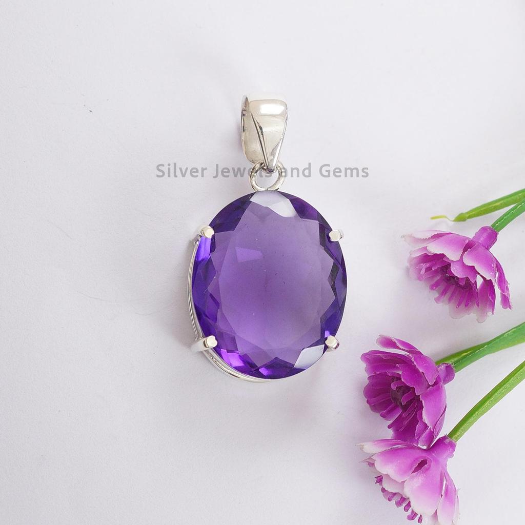 Natural Amethyst Pendant, Handmade Prong Pendant, 925 Sterling Silver Pendant, Oval Amethyst Pendant, Birthday Pendant