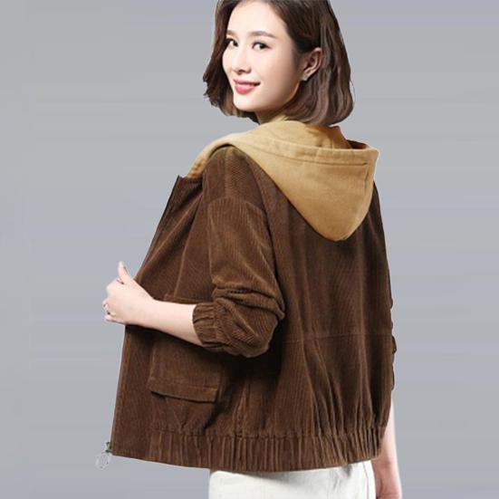 Fall Spring Women Corduroy Jacket Patch Pockets Hooded Loose Colorblock Elastic Cuffs And Hem Streetwear Office And Leisure Coat