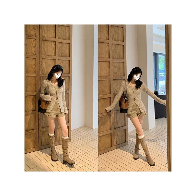 Rindslederversion~ Falten Sie zwei Paar Stiefel plissiert Dicke Ferse Westernstiefel Wüste Hochelastische Stiefel Damen Stiefel zum Stapeln