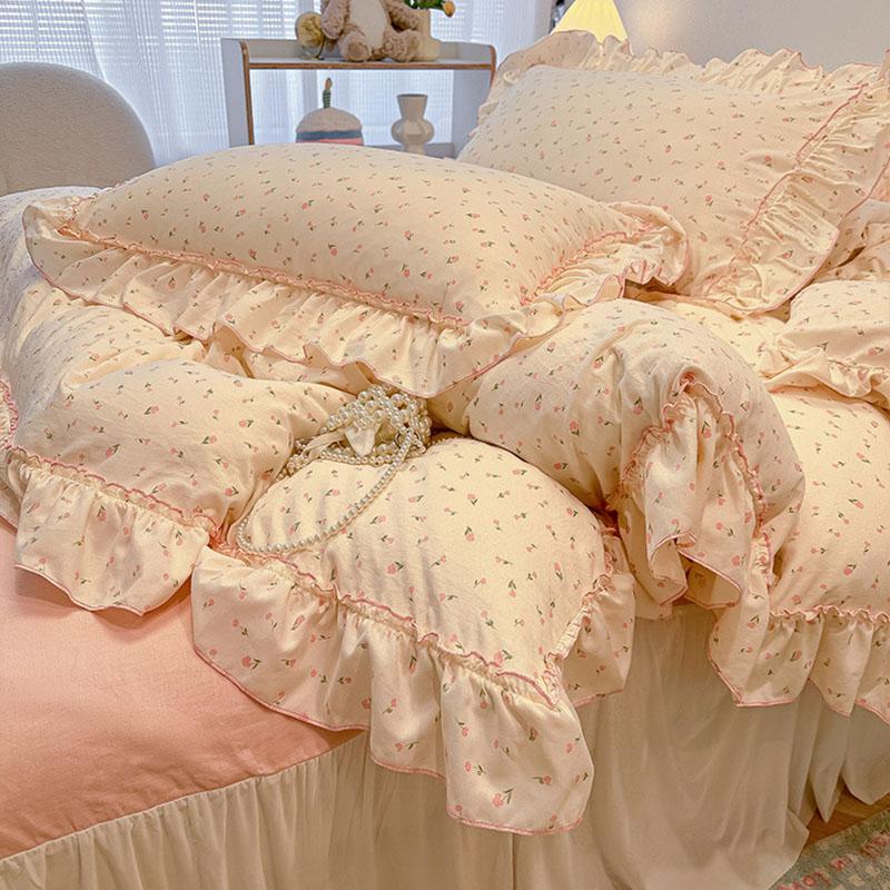 Sweet Flower Printed Bed Skirt Bedding Set Skin Friendly Cotton Nude Sleeping Comforter Set Class-A Twin Single Home Textile