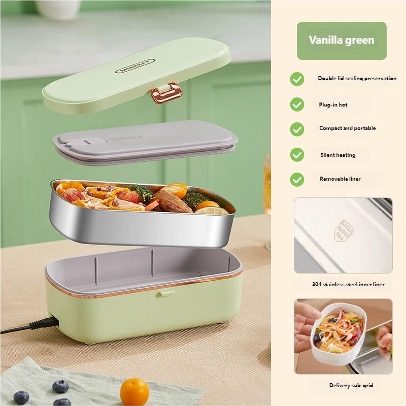 HOMEFISH Stainless Steel Electric Lunch Box Food Warmer Bento Box Water-Free Heating Office Lunch Container with Built-In Heater
