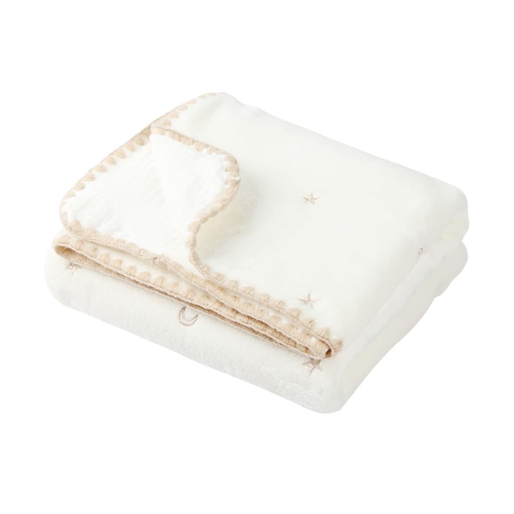 Hugmuu Flannel Gauze Baby 3 Prevents Colds While Cute White x Gold Blanket, Sizes, Warm, Sleeping, (80x120cm, Star)