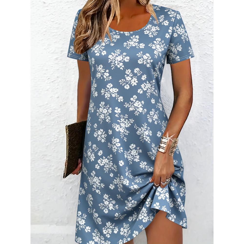 Damen Casual Blumenmuster Minikleid Vintage Rundhals Kurzarm Modisch Boho Freizeitkleider