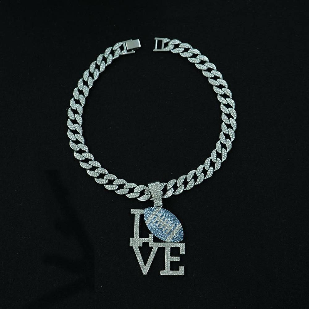 Fashionable Men's Colorful Diamond LOVE Rugby Alloy Pendant, European and American Hip-hop Men's Necklace, Personalized and Colorful