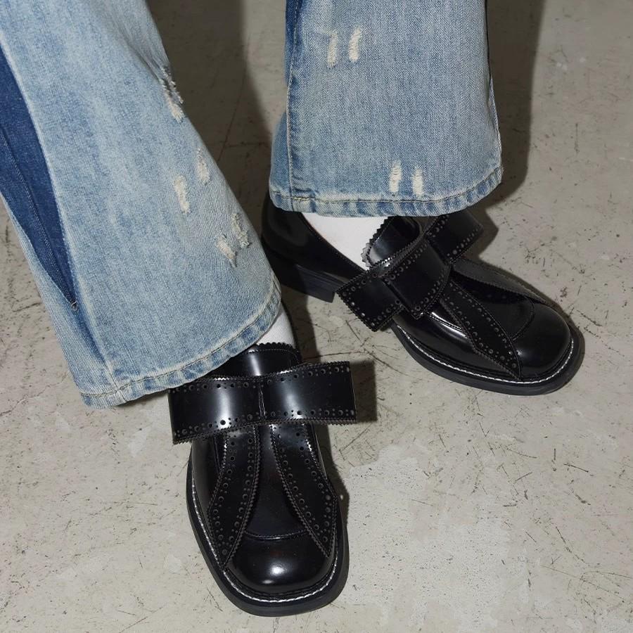 Leder Britische Schleife Schleife graviert Brock kleine Lederschuhe für Männer und Frauen im gleichen Stil, Autonaht dicker Absatz Slipper einzelne Schuhe