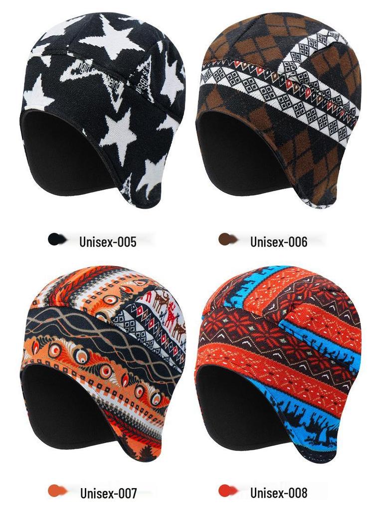 Windproof Fleece Lei Feng Hat: Warm, Faux Cashmere Printed Design with Ear Protection for Cycling
