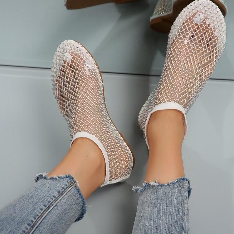 Dámské nové luxusní značky sandály s kulatou špičkou a plochým dnem Duté krátké boty Water Diamond Sexy boty s plochým dnem 35-44