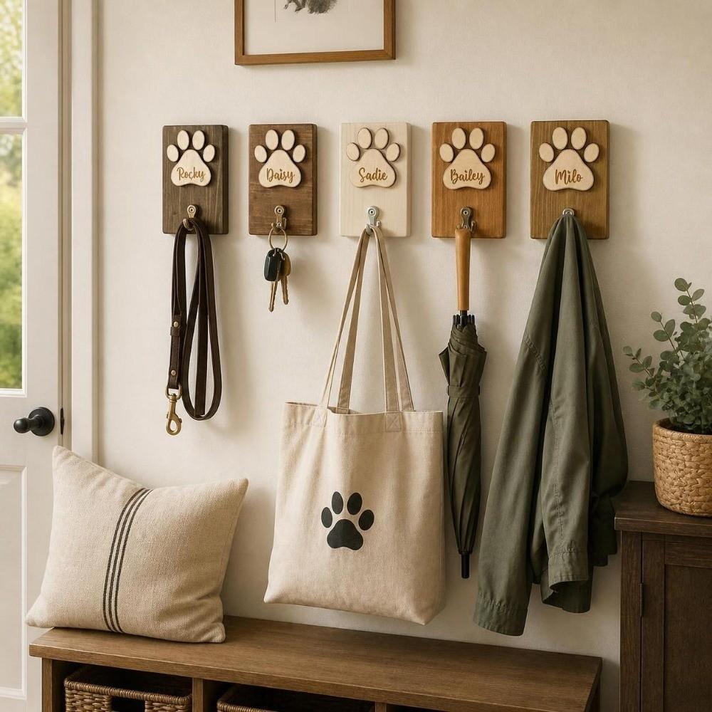 Unique Wooden Dog Paw Wall Hook Personalized Durable Dog Lead Holder Handmade Rustic Paw Print Hanger Indoor Decor