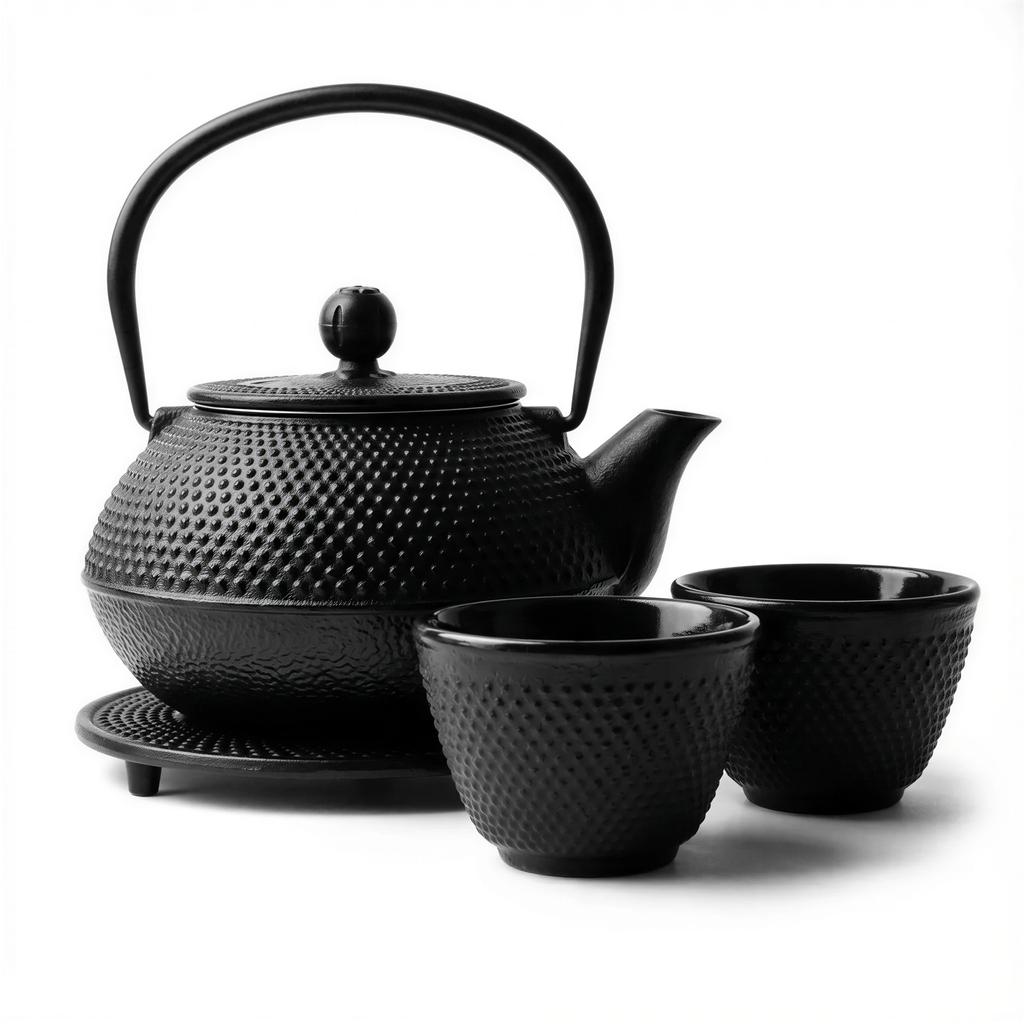 CAST IRON KETTLE 0.8L TEAPOT SET 2x CUPS STAND BLACK