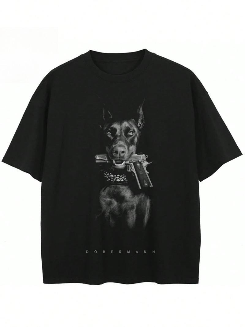 Streetwear style DoberUnisex Pinscher gun Tshirt pure cotton trendy unisex top black hiphop style Pure cotton streetwear Tshirt S
