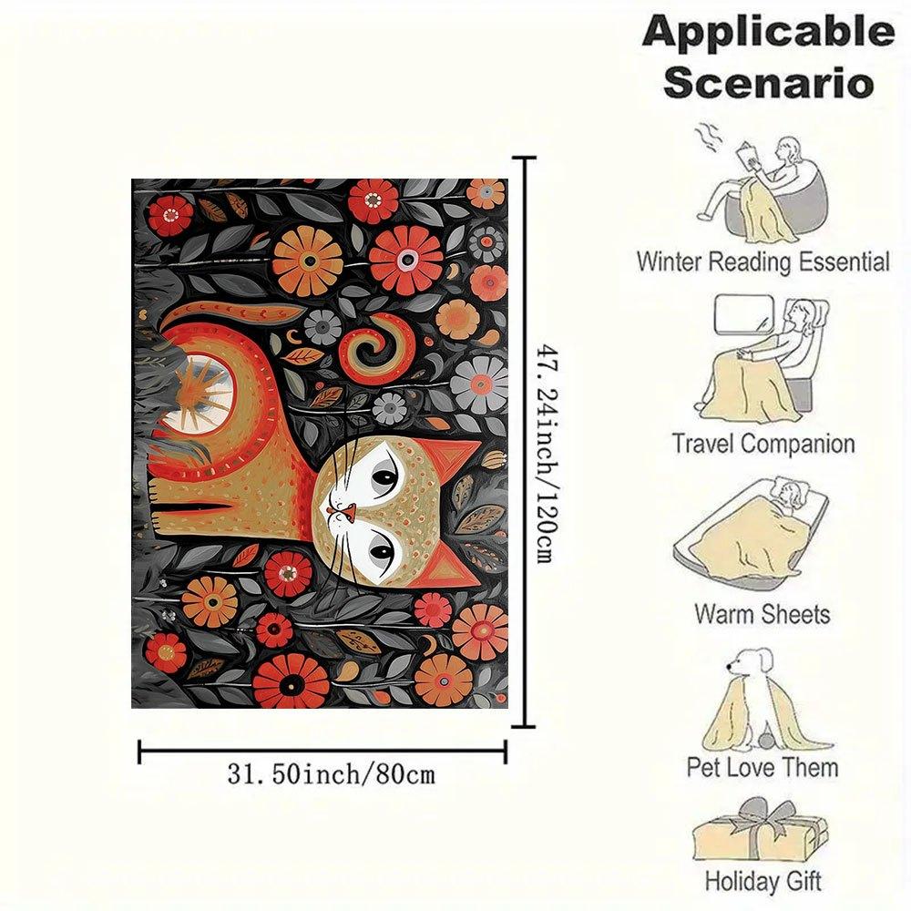 "Whimsical Floral Cat Wall Art Print - Vibrant Home Decor"Blanket Flannel Throw Blanket for Sofa, Bed, Travel, Camping, Office, Couch, Chair