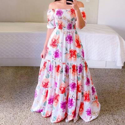 Prom Dress Tight Waist Flower Print Rainbow Color Butterflies Pattern Off Shoulder Banquet