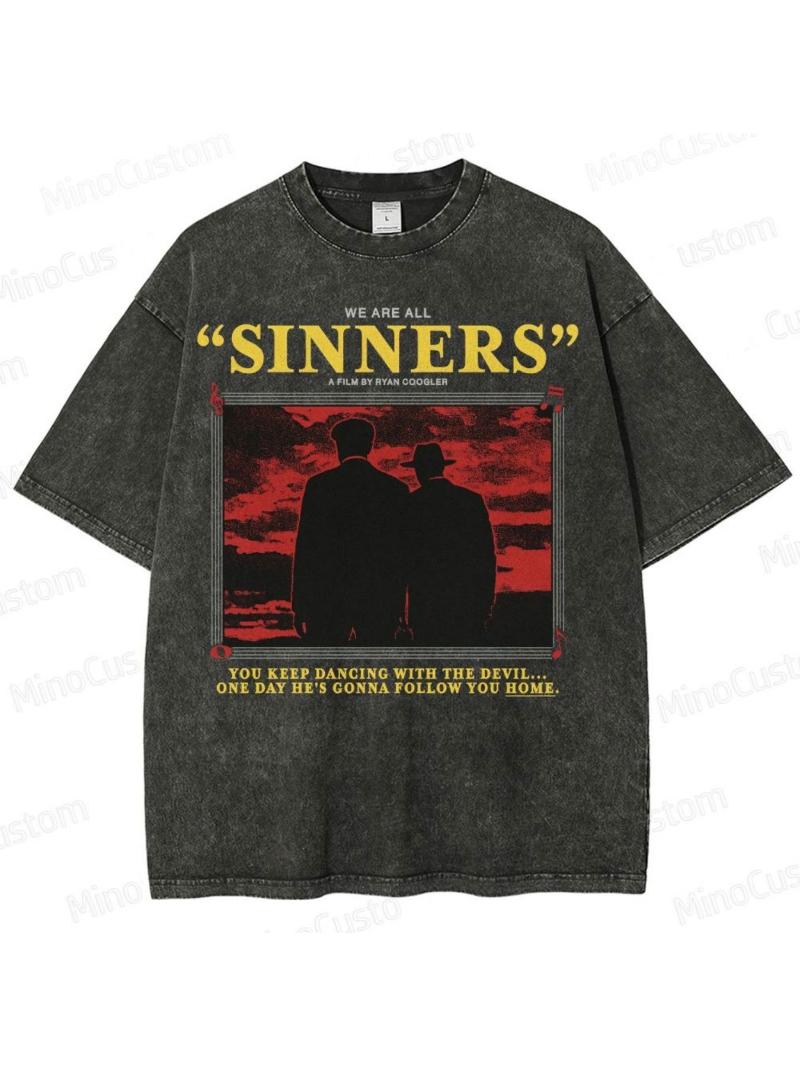 Unisexs washed cotton streetwear Tshirt with a poster and slogan from the movie The Sinner Pure cotton casual streetwear M