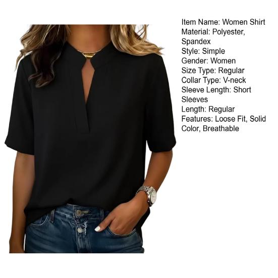 Women Shirt V-neck Open Collar Short Sleeve Loose Fit Casual Tops Pure Color Versatile Style Shirt Summer Work Casual Wear