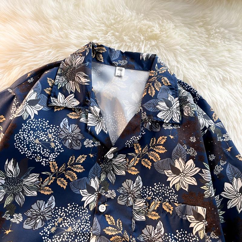 Unisex Vintage Kubakrage Blomsterskjorte - Løs passform, Hong Kong-stil, Kort erm, Perfekt for strand og par