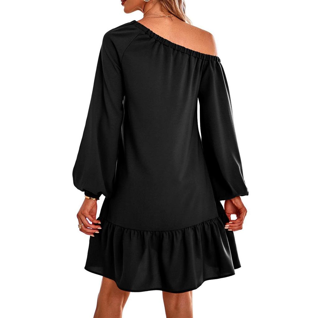 Abito da donna casual alla moda a maniche lunghe, scollatura Bardot, colorato