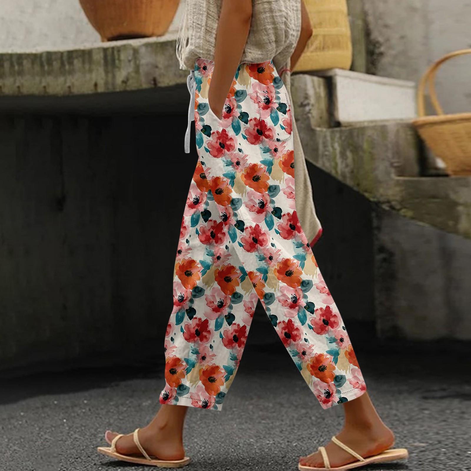 

Женские повседневные модные эластичные повседневные брюки с цветочным принтом XL киноварь