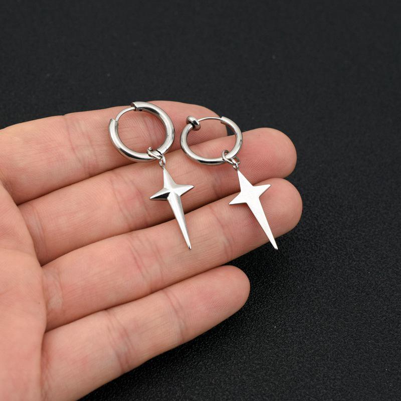 Men's Stainless Steel Cross Star Earrings - Neutral, Hip-Hop Punk Style, Non-Pierced Clips