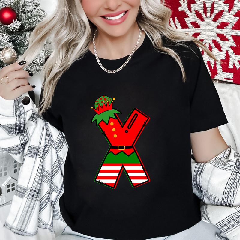 Womens Christmas Alphabet AZ Graphic Print Tshirt Holiday Casual Top with Santa Letters Perfect for Xmas Party Street Wear