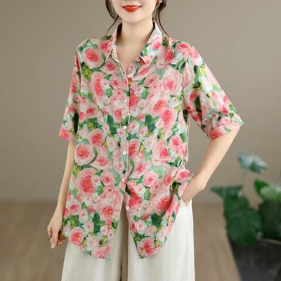 Camicie e bluse vintage floreali in cotone oversize a maniche corte per blusa Casual top estivi larghi donne camicia abbottonata