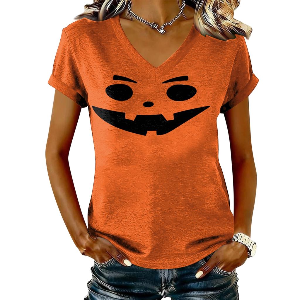 Maglione casual da donna a maniche corte con scollo a V e stampa di Halloween