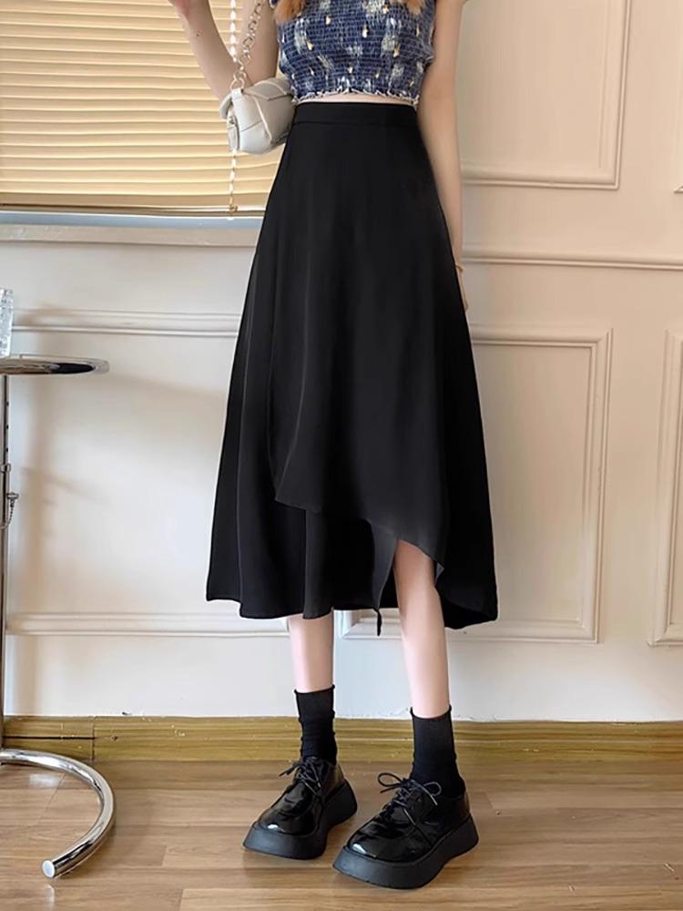 

Женская черная юбка А-силуэта с неровным подолом и высокой талией в стиле Хепберн - Коллекция Весна 2024 M чёрный