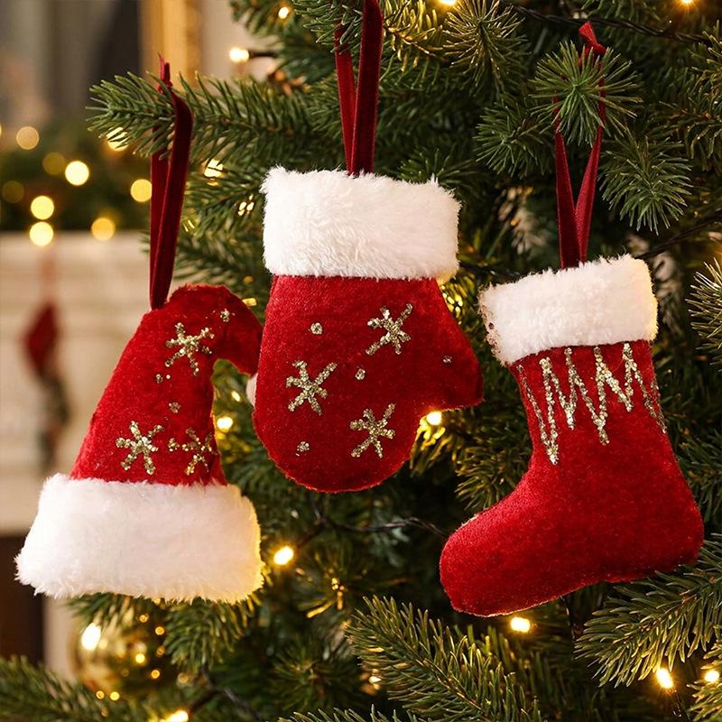 Fabric Christmas Hat, Painted Socks & Gloves Ornaments for Windows & Malls