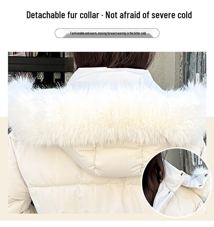 Giacca invernale da donna in cotone con cappuccio e colletto in pelliccia - Capo d'abbigliamento caldo di media lunghezza in stile coreano