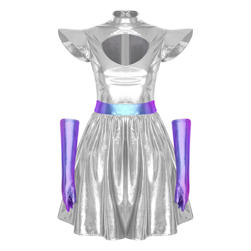 Costume da Donna a Tema Astronauta Alieni Vestito Metallico Lucido Spalline Strutturate Scollatura a Taglio Vestito da Festa a Linea ad A