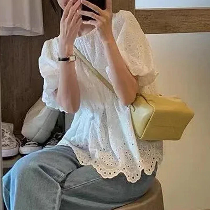 Women Summer French Style Embroidery Hollow Out Shirt White Lace Blouse for Short Puff Sleeve Tops Round Collar