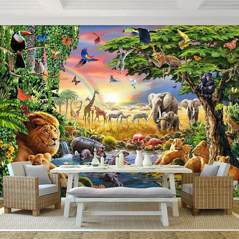 3D Wallpaper Rainbow Sky Green Forest Animal Elephant Lion  Mural Living Room Kid's Art Murals