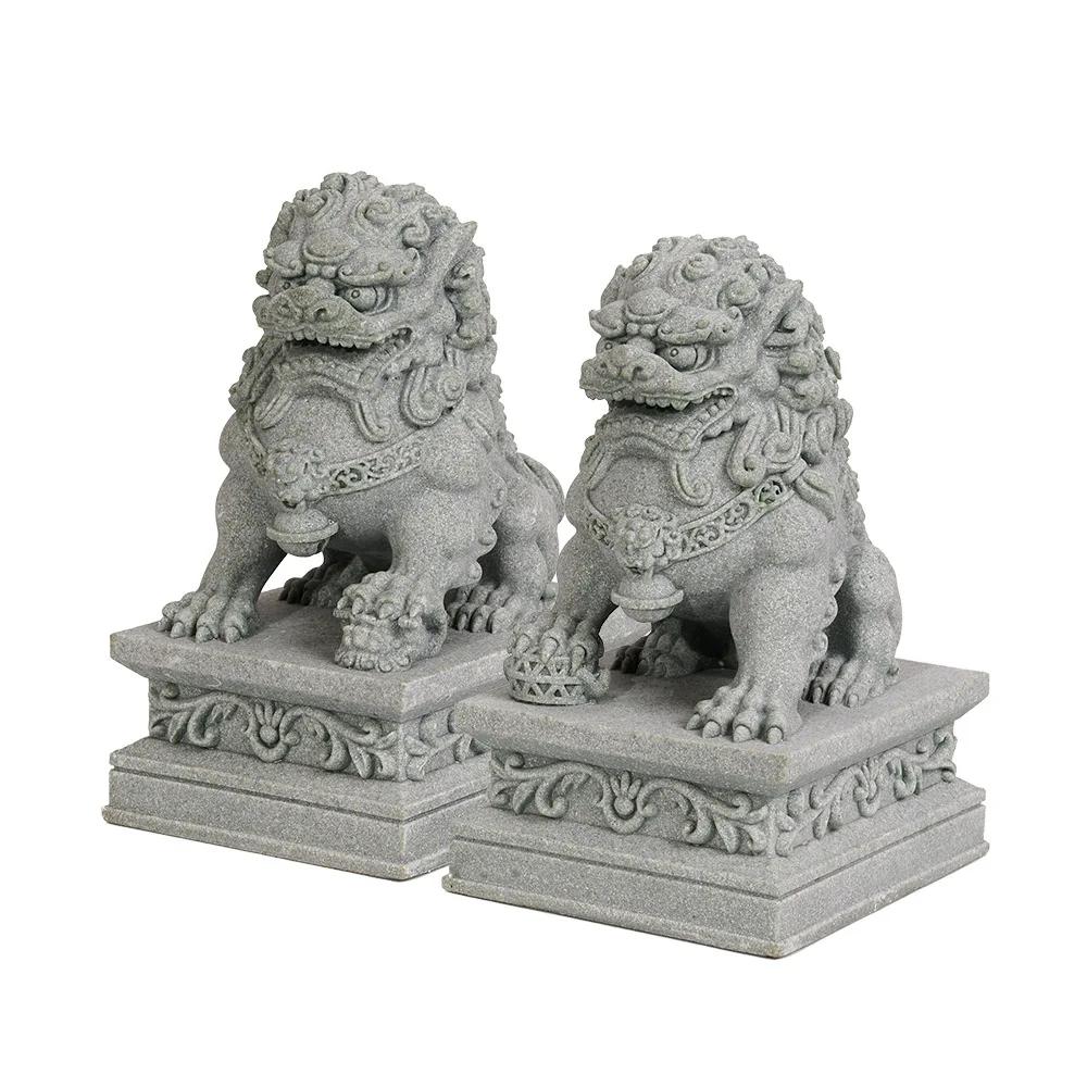 Lucky Wealth China Stone Lion Carving a Pair of Feng Shui Home Bar Desktop Mascot China Feng Shui Kirin Jewelry Decoration