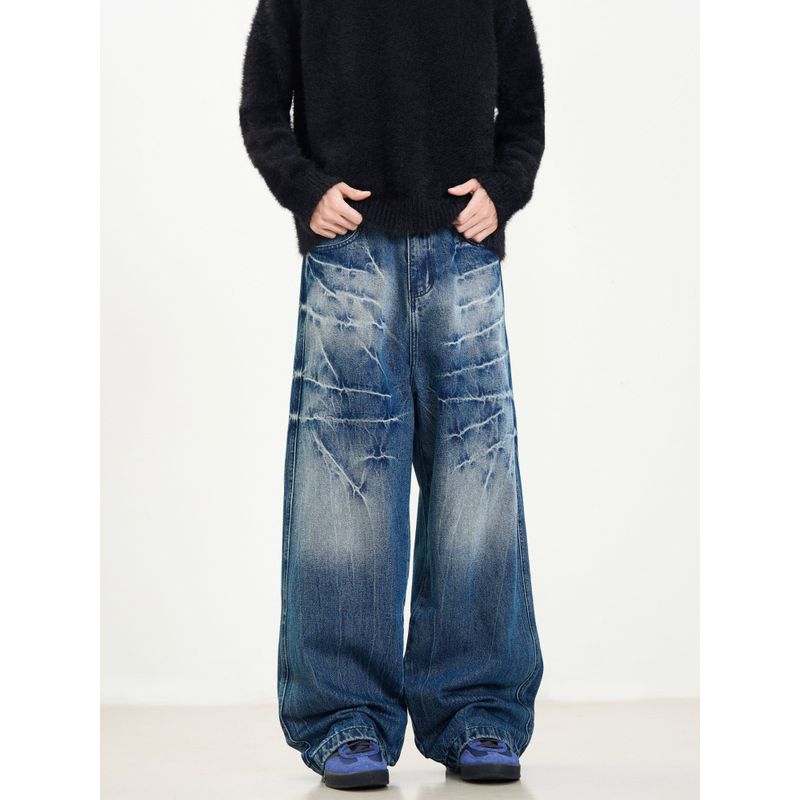 Kisko High Street American Style Washed Vintage Lightning Pattern Cleanfit Jeans Unisex Trendy Loose Straight Pants