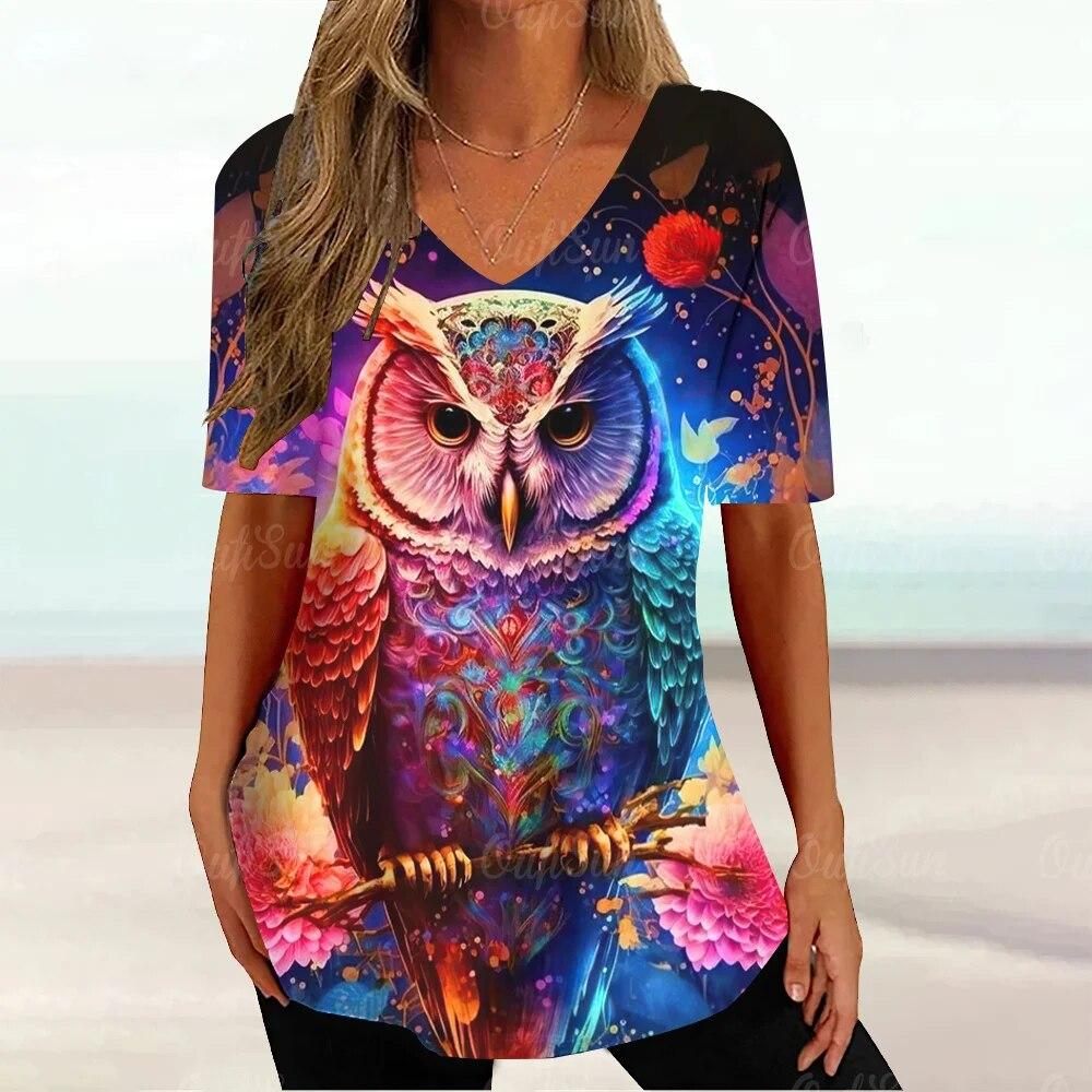 Dámská trička Vintage sova Zvířecí grafický potisk Tričko Letní móda Výstřih do V Krátký rukáv Top Trička Oversized Dámské tričko Oblečení