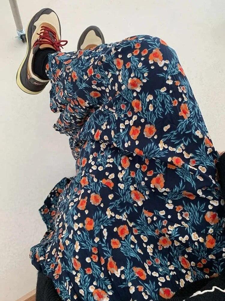 

Винтажная синяя юбка с цветочным принтом 2000-х годов для женщин, новые летние юбки трапециевидной формы с высокой талией, ленивые универсальные свободные юбки средней длины Faldas Mujer M синий