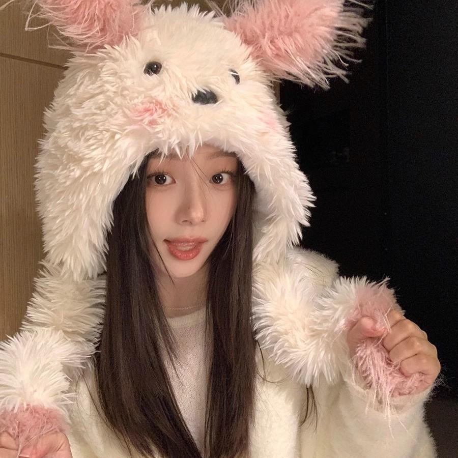 

Cartoon cute plush hat female winter new thickened warm ears will move puppy big head circumference plush hat M（56-58cm） розовый