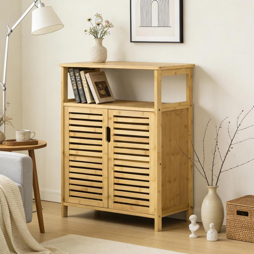Bamboo Storage Cabinet Minimalist with Slatted Doors Easy To Maintain