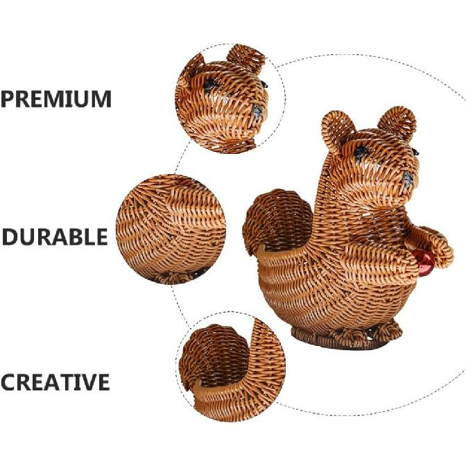 EXCEART Squirrel Shape Woven Storage Basket with Lid - Handwoven Rattan Storage Basket Organizer Squirrel Shape Woven Wicker Food Fruit Vegetable