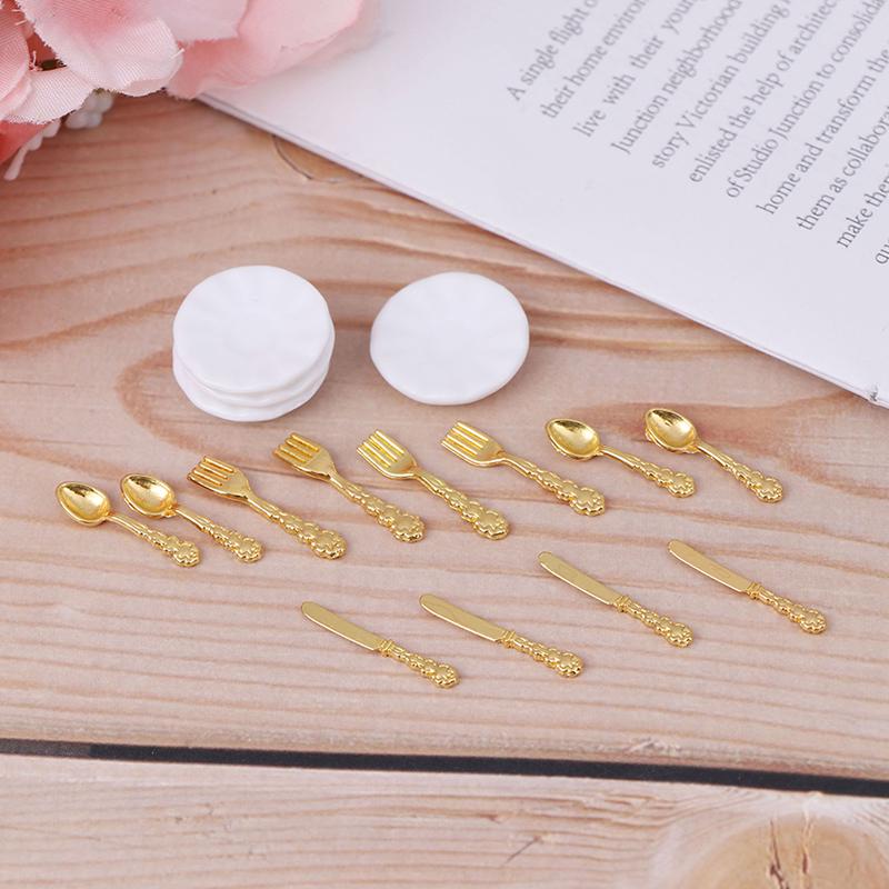 12Pcs/Set Vintage Dollhouse Miniatures Tableware Ceramic Plate Knife Fork Spoon