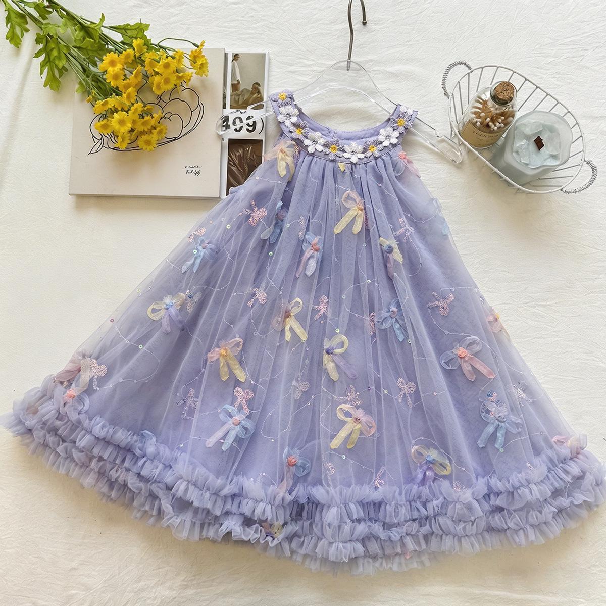 Girls Macaron Bowknot Mesh Dress: Breathable Spaghetti Strap, Floral, Sleeveless Sequin Princess Style for Summer 2026. 150cm