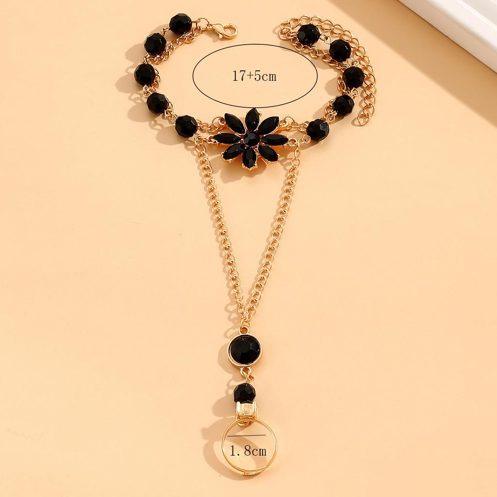 Light Luxury Black Zircon Flower Connected Finger Ring Bracelets for Women Red Green Flowers Link Chain Bracelet Party Jewelry