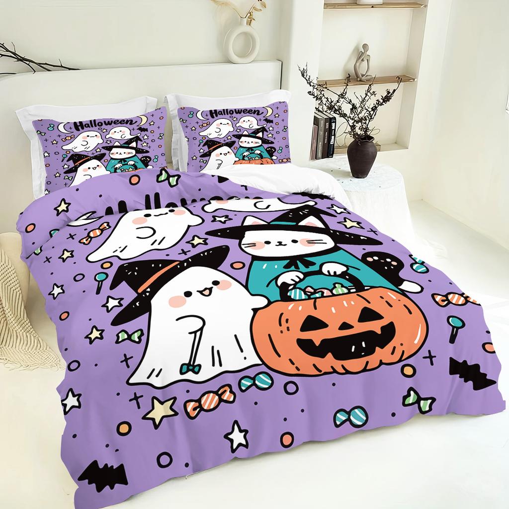3-piece Halloween themed purple cute ghost pumpkin pattern duvet cover set 1 duvet cover+2 pillowcases coreless