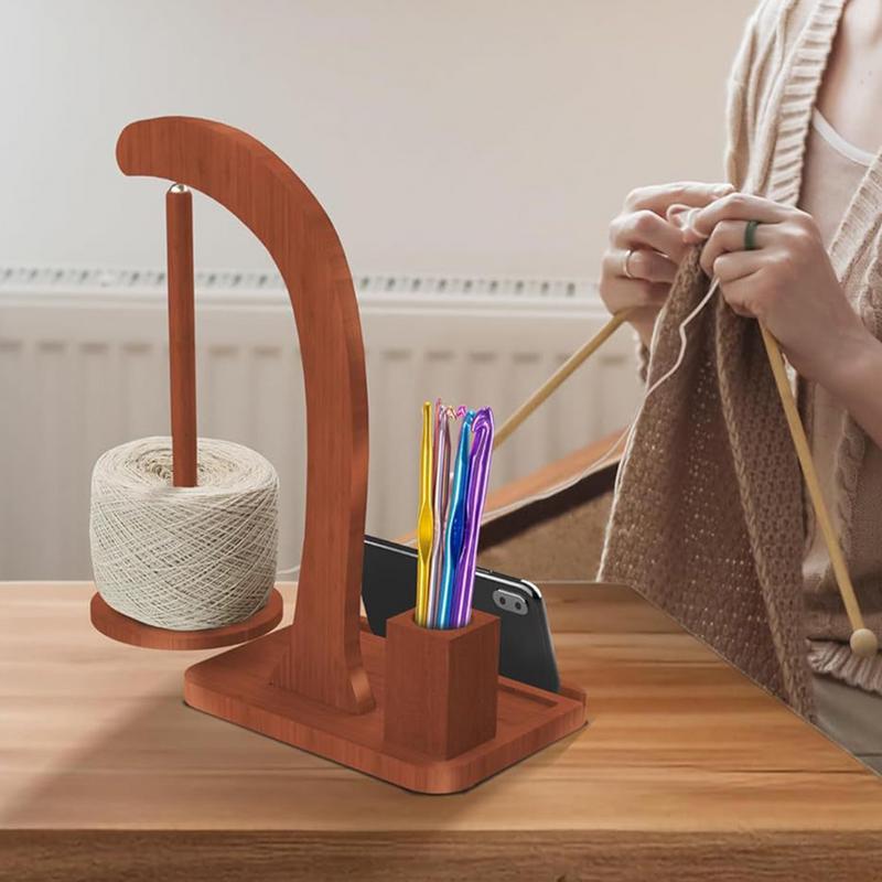 Hölzerner Garnhalter mit Handyhalterung 360° Drehung Spinnendes Strickwerkzeug mit Anti-Rutsch-Pad Garnspinner zum Stricken Häkeln