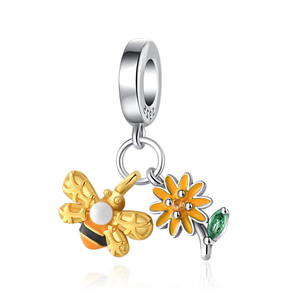New 925 Silver Fashion Golden Sunflowers Heart Charm Beads Fit Pendant Original Bracelets Party Gift DIY Jewelry