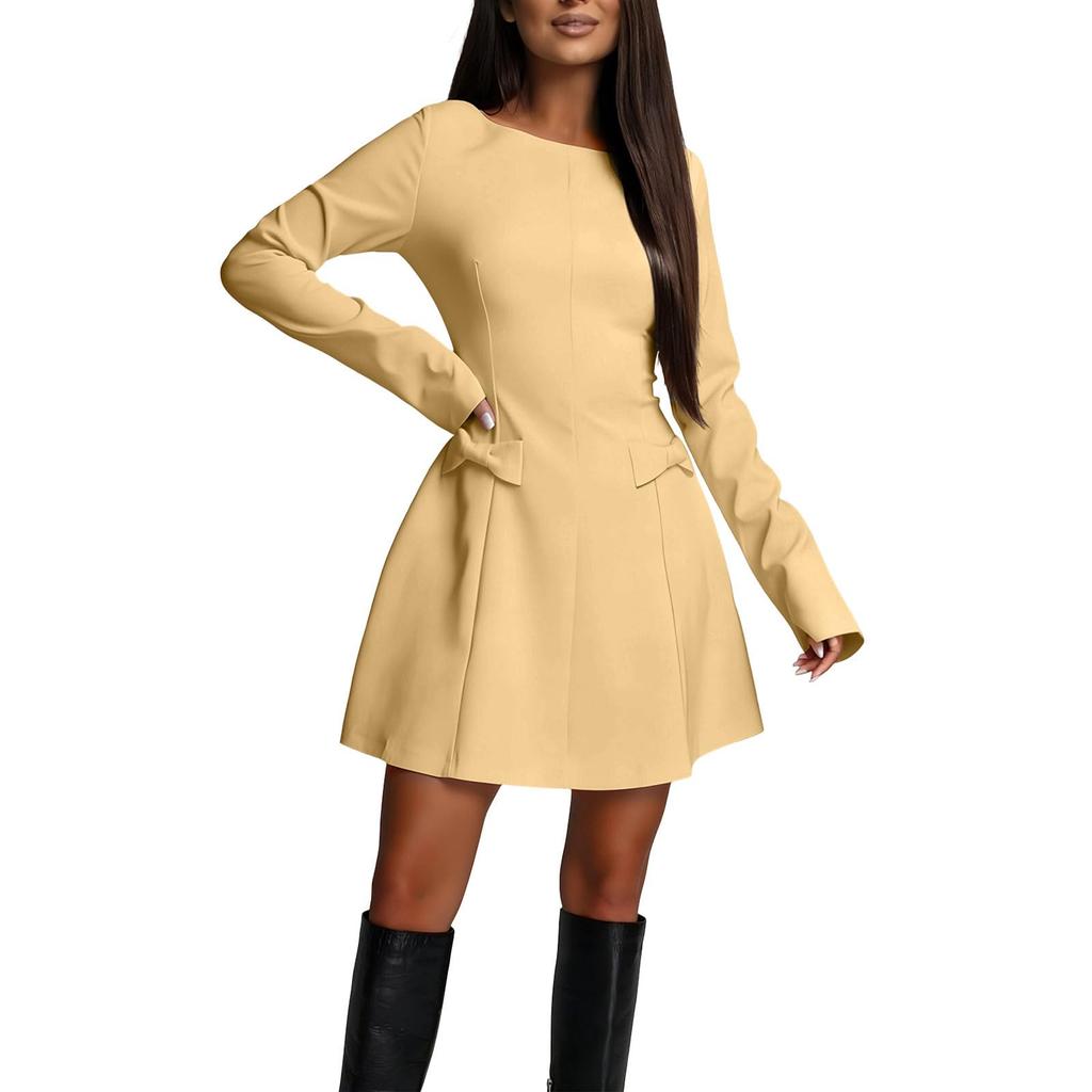Women's Elegant Color Long Sleeve Round Neck Waist Dress